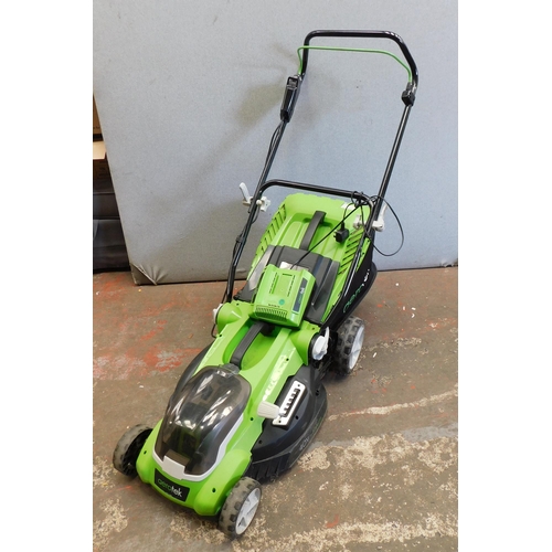 815 - Battery powered Aerotex lawnmower with battery charger (unchecked)