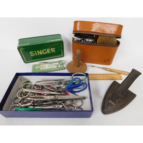 87 - Mixed items including - Singer tin & scissors