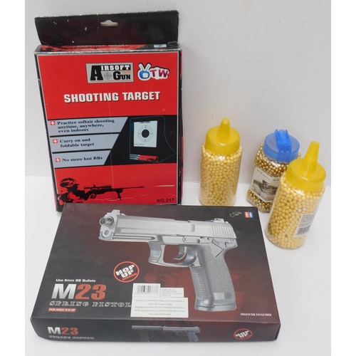 638 - M23 spring pistol BB gun with 6mm bullets and target