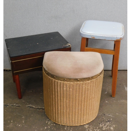 673 - Vintage stool, laundry basket and sewing table