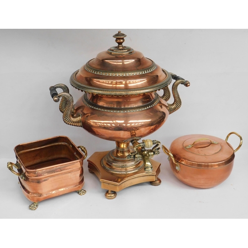 689 - Copper and brass Samovar and two copper containers