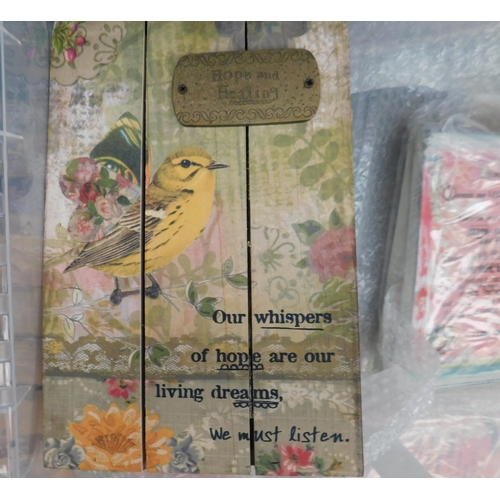 710 - Three boxes of household wall hanging signs etc.