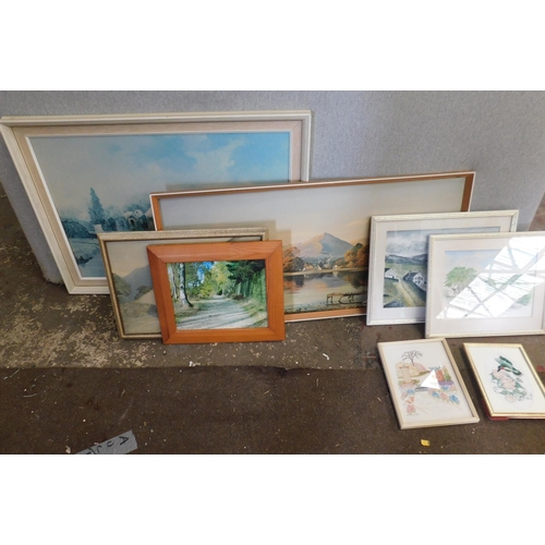 718 - Mixed framed prints, embroidery etc.