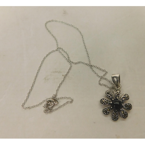 206 - Silver - jet & marcasite set/pendant & chain