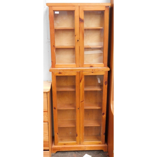 583 - Solid pine glass fronted display cabinet with key