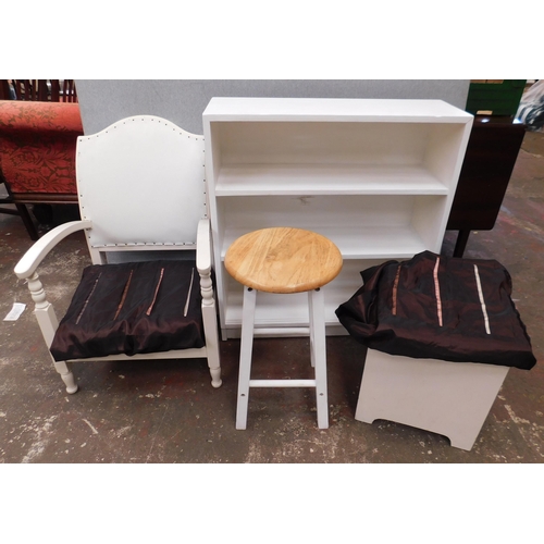 660 - Bookcase, stool, bedside chair and storage box