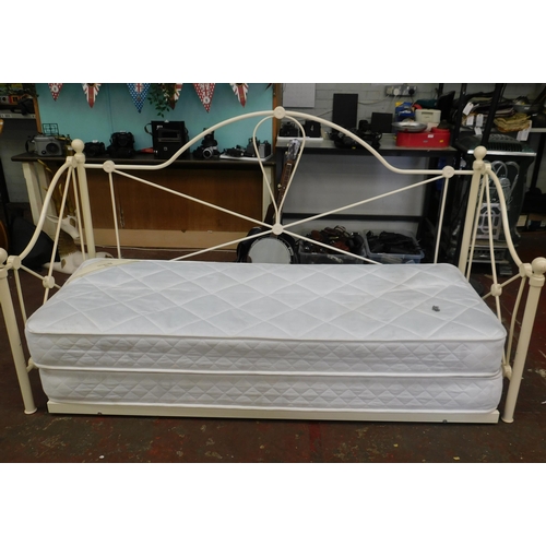 663 - Metal framed day-bed - incomplete - with two mattresses and pull out guest bed - missing front panel... 