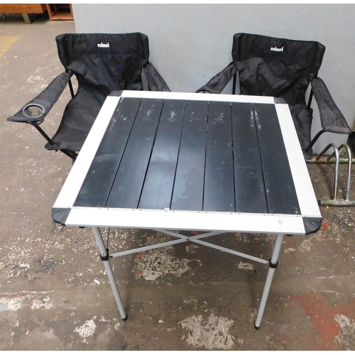 673 - Two black camping chairs  and Hi-Gear folding camping table