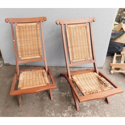 674 - Pair of wood and rattan garden chairs