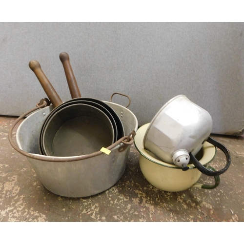 701 - Vintage jam pan, enamel cooking pot etc.