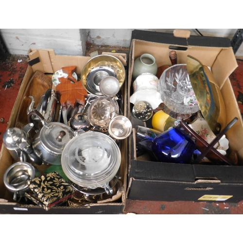 711 - Two boxes of mixed metalware and ceramics