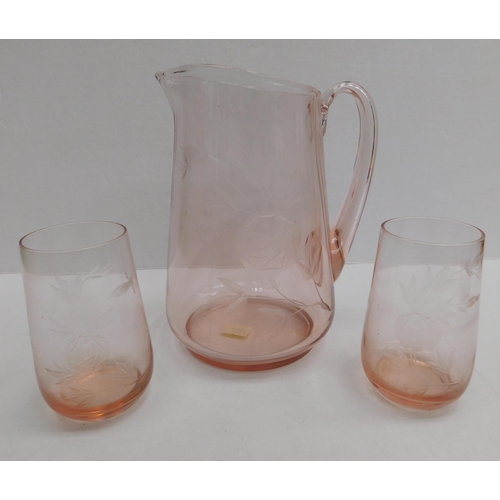 332 - Pink glass - etched/jug & glasses