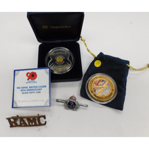 108 - Silver - Poppy/Five pound coin - gold plated/Spitfire coin & military badges