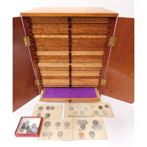 152 - Wooden - coin collectors/cabinet - & German coins