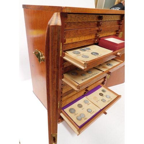 152 - Wooden - coin collectors/cabinet - & German coins