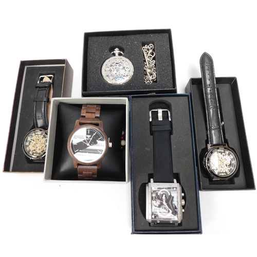 200 - Four - wristwatches & pocket watch - including Olevs & Lige - packaged as new