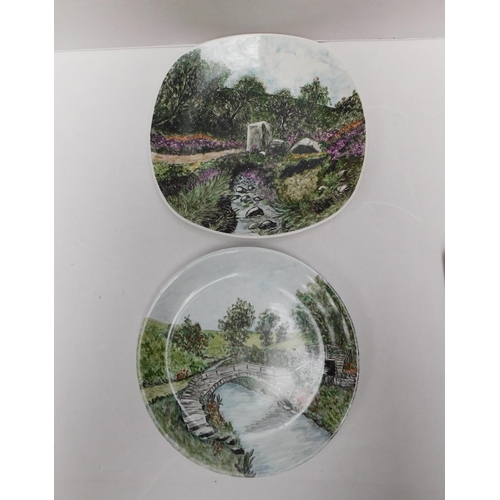 214 - Two/hand painted plates - Haworth Moor/Charlotte Bronte's chair - & Donkey bridge/between Haworth & ... 