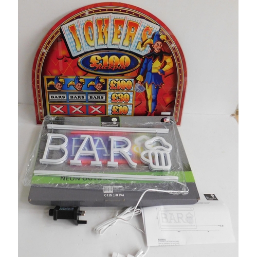 546 - Boxed 'Bar' sign and 'Jokers' fruit machine sign