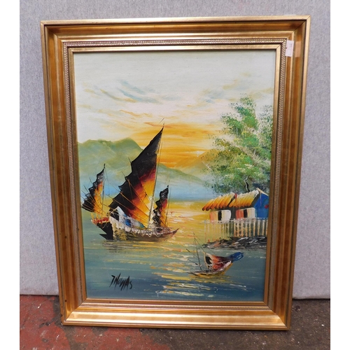 577 - Framed painting boat scene by Thomas - approx. 48cm x 38cm