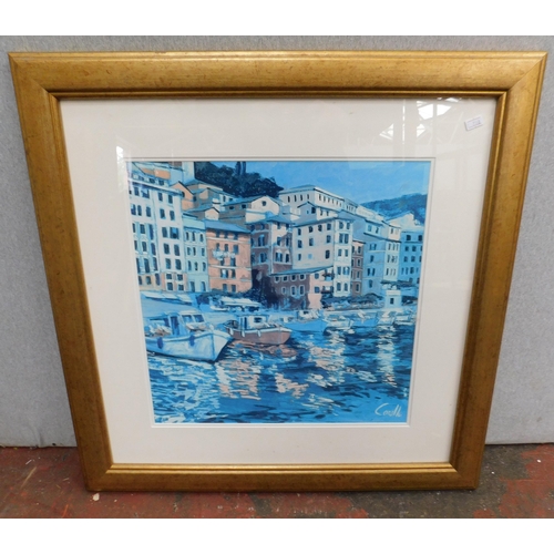 581 - Harbour scene framed print by Corallo - approx. 65cm x 65cm