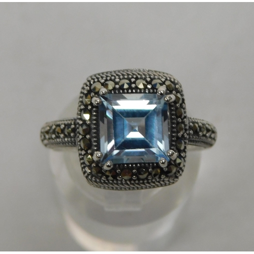 71 - Silver - aquamarine & marcasite set/ring