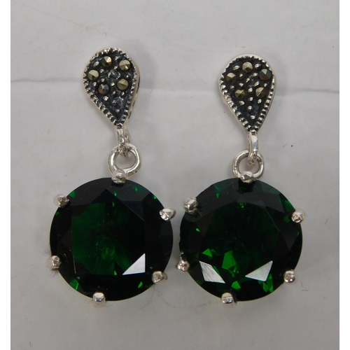 77 - Silver - green stone & marcasite set/earrings