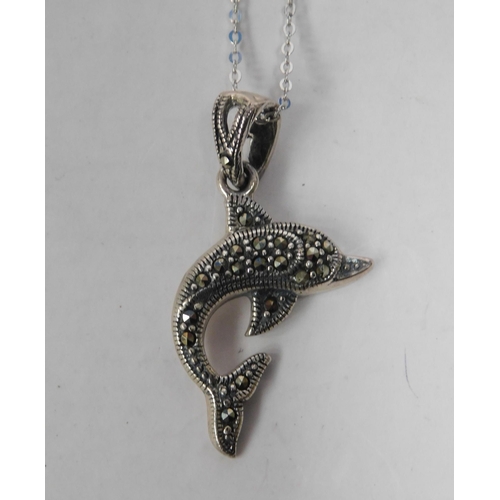 89 - Silver - marcasite set/dolphin pendant & chain