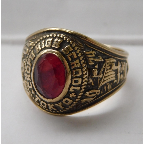 221 - Japanese - 10ct gold ruby set/ring - dated 1974/Chotu High School Tokyo - size M 1/2 approximate com... 