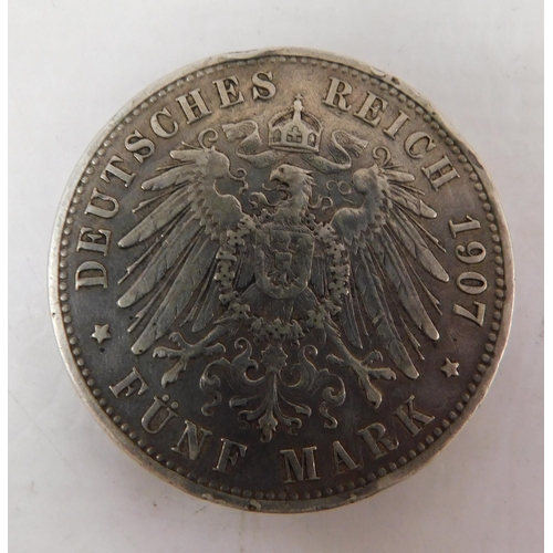 100 - Antique silver - Wilhelm II/1907 dated - Funf Mark coin