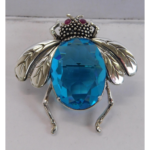 116 - Silver - blue topaz set/bee brooch