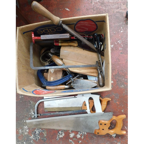 540 - Box of mixed tools incl. saws and G-clamp etc