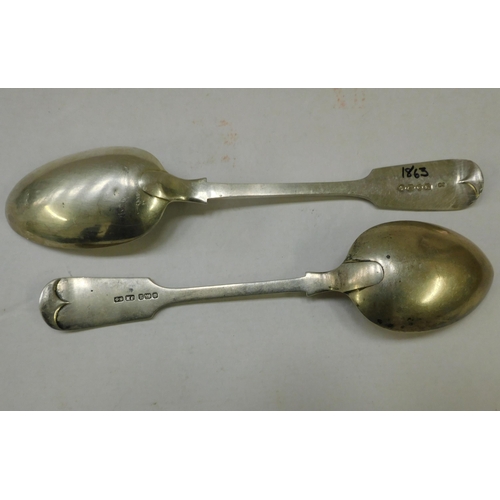 365 - Two/antique - Sterling silver hallmarked/table spoons - dated 1863 & 1912/London & Sheffield - appro... 