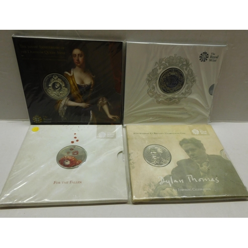 217 - Four - Royal Mint/uncirculated £5 coins - including 90th/Love & Loyalty/Generations & D Day