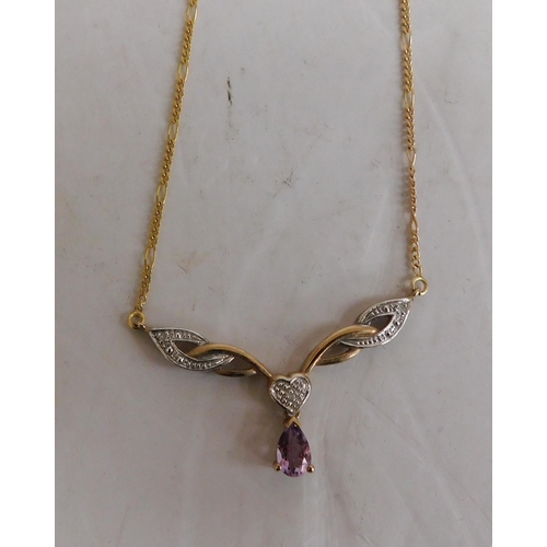 112 - 9ct gold - diamond & amethyst set/necklace