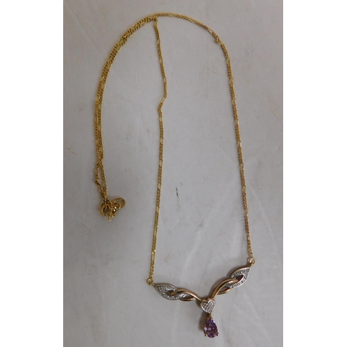 112 - 9ct gold - diamond & amethyst set/necklace