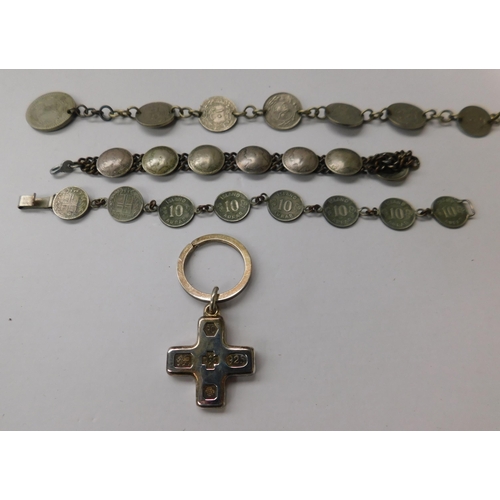 188 - Sterling silver hallmarked/cross keyring - & coin bracelets