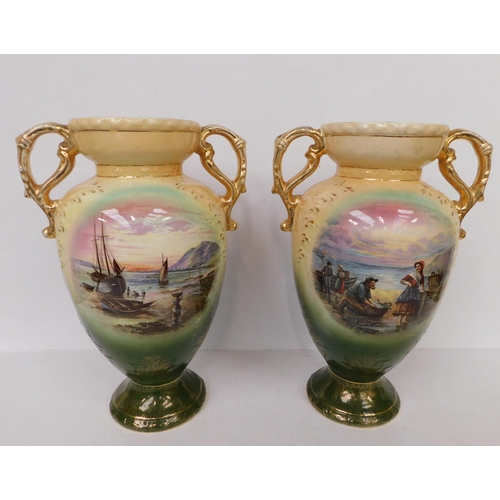 46 - Antique - amphora vases/decorated with fishing scenes & floral patterns