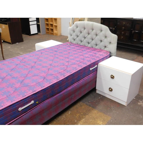 566 - Single bed, mattress and headboard with bedside cabinets