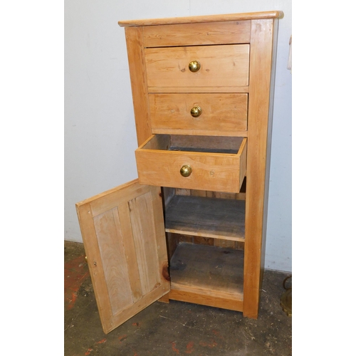 577 - Vintage tall solid pine cupboard with three drawers