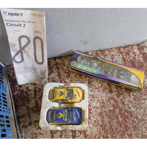 695 - Box of Scalextric, two Renault Megane cars and box of trackside figures