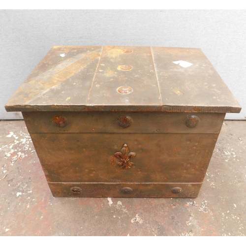 704 - Vintage tin plated wooden trunk