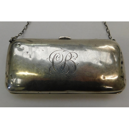 110 - Hallmarked silver finger purse - (80.9g with chain and 1911 three pence coin)