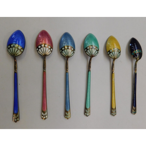 134 - Set of six silver (925) enamelled teaspoons with HIH import mark - M.Hammer of Bergen, Norway