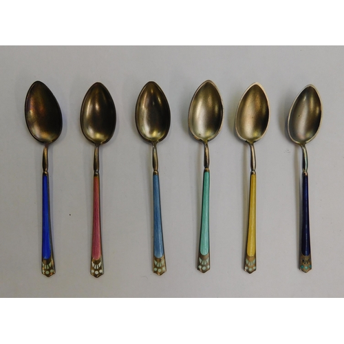 134 - Set of six silver (925) enamelled teaspoons with HIH import mark - M.Hammer of Bergen, Norway