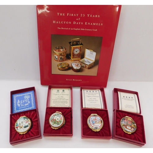 171 - Four Christmas Halcyon Days enamel pill boxes and collectors book