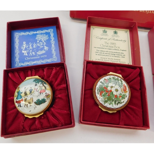 171 - Four Christmas Halcyon Days enamel pill boxes and collectors book