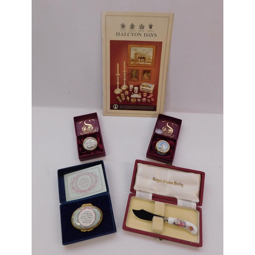 233 - Royal Crown Derby letter opener and three boxed Royal Tribute hand painted  enamel pill boxes