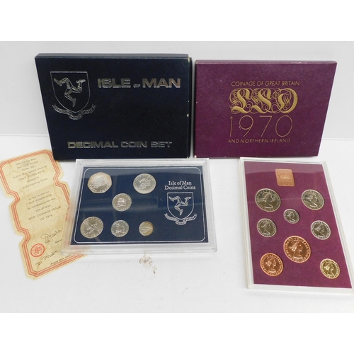 253 - Isle of Man proof silver coin set - with paperwork and 1970 coin set