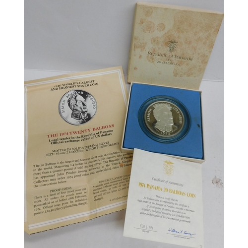 258 - 1974 Panama 20 Balboas silver proof coin - with certificate