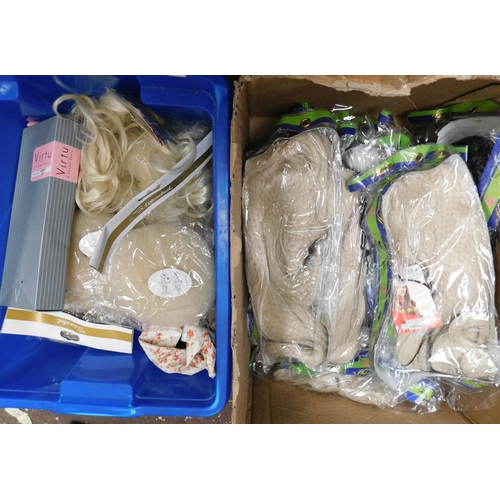 335 - Two boxes of wigs and hair accessories